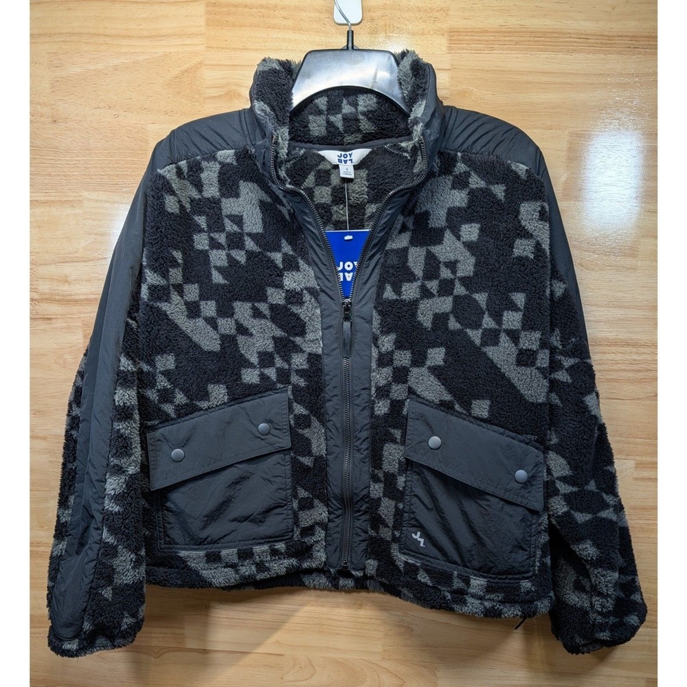 JoyLab‎ Women's Sherpa Fleece Jacket S Black Gray Geo Print Full Zip NWT
